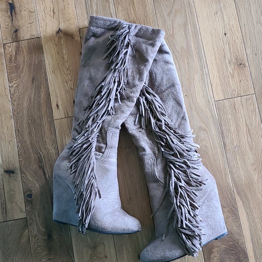 Fringe knee high boots